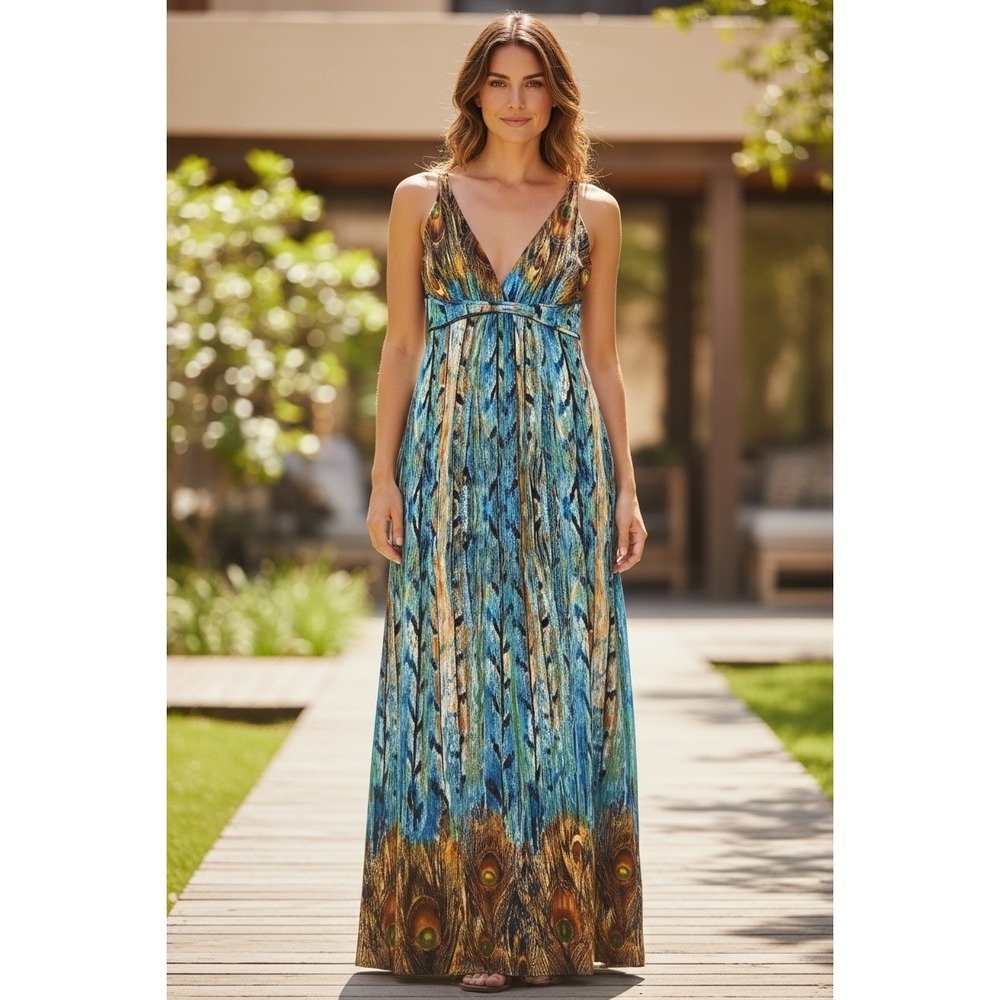 Y2K Peacock Maxi Dress L Boho Goddess Festival Fairycore‎ Resort Glam Papillon